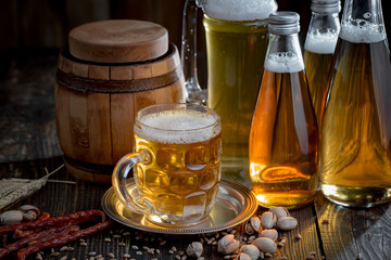 Light beer in a glass, on an old background.