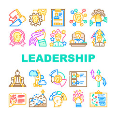 Fototapeta na wymiar Leadership Leader Business Skill Icons Set Vector. Motivation Employee And Manager Career, Network Communication And Planning Strategy, Businessman Leadership Line. Color Illustrations