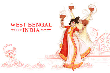 couple performing Dhunuchi dance traditional folk dance of West Bengal, India - 477602577