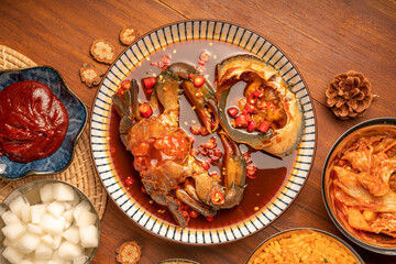 Korean Soy Sauce Pickled Crab, Fresh raw crabs marinated in a mild soy sauce, Ganjang Gejang Korean traditional food.