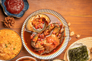 Korean Soy Sauce Pickled Crab, Fresh raw crabs marinated in a mild soy sauce, Ganjang Gejang Korean traditional food.