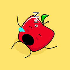 cute red apple character with sleep expression, lie down, close eyes and mouth open. green and red. suitable for emoticon, logo, mascot and icon