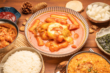 Spicy Rice Cake with Cheese or Teokbokki with spicy sauce Korean traditional food, Tteokbokki is...