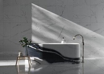 A bathtub in the middle of an elegant minimalist bathroom - 477603117