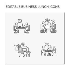 Business lunch line icons set. Working meeting at lunchtime. Discussion between workers. Talking concept. Isolated vector illustration. Editable stroke