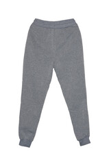 Blank training jogger pants color gray on invisible mannequin template back view on white...