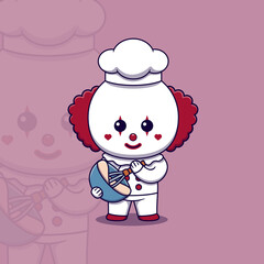 Cute clown chef with whisk and mixing bowl