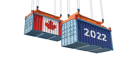 Trading 2022. Freight container with Canada national flag. Isolated on white. 3D Rendering 