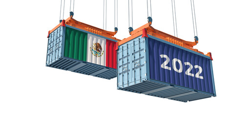 Trading 2022. Freight container with Mexico national flag. Isolated on white. 3D Rendering 