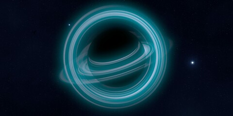 Black hole in deep space. Astronomical massive object. Hot plasma ring and event horizon. Plasma accretion disk.