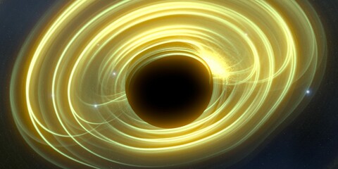 Black hole in deep space. Astronomical massive object. Hot plasma ring and event horizon. Plasma accretion disk.