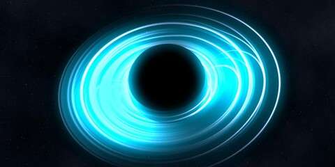 Black hole in deep space. Astronomical massive object. Hot plasma ring and event horizon. Plasma accretion disk.