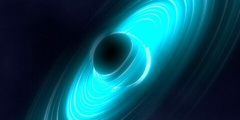 Black hole in deep space. Astronomical massive object. Hot plasma ring and event horizon. Plasma accretion disk.
