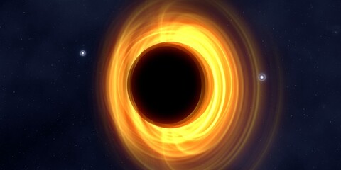 Black hole in deep space. Astronomical massive object. Hot plasma ring and event horizon. Plasma accretion disk.