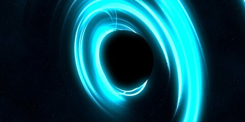 Black hole in deep space. Astronomical massive object. Hot plasma ring and event horizon. Plasma accretion disk.