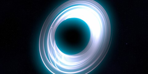 Black hole in deep space. Astronomical massive object. Hot plasma ring and event horizon. Plasma accretion disk.