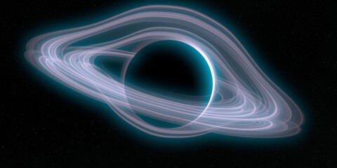 Black hole in deep space. Astronomical massive object. Hot plasma ring and event horizon. Plasma accretion disk.