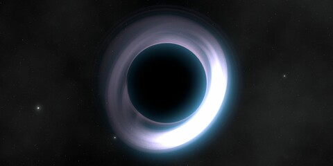 Black hole in deep space. Astronomical massive object. Hot plasma ring and event horizon. Plasma accretion disk.