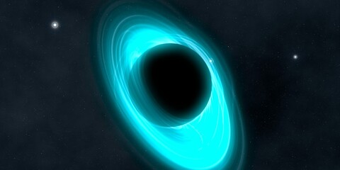 Black hole in deep space. Astronomical massive object. Hot plasma ring and event horizon. Plasma accretion disk.