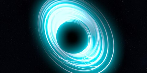 Black hole in deep space. Astronomical massive object. Hot plasma ring and event horizon. Plasma accretion disk.
