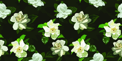 Gardenia flowers vector seamless pattern. White floral elegant background