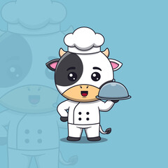 Cute cow chef holding restaurant cloche