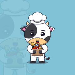 Cute cow chef holding cardboard box full food