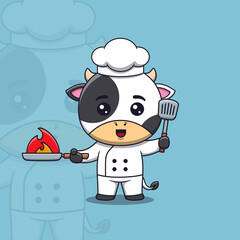 Cute cow chef holding spatula and Burning Frying Pan