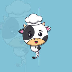 Cute cow chef peeking out behind blank sign