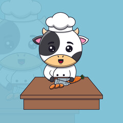 Cute cow chef cutting carrot