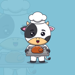Cute cow chef holding a tray of roast chicken