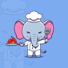 Cute elephant chef holding spatula and Burning Frying Pan