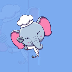 Cute elephant chef peeking out behind blank sign