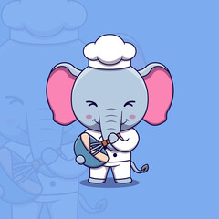 Cute elephant chef with whisk and mixing bowl