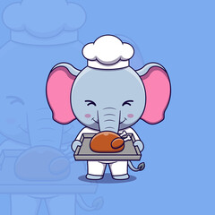 Cute elephant chef holding a tray of roast chicken