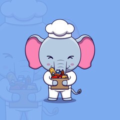 Cute elephant chef holding cardboard box full food