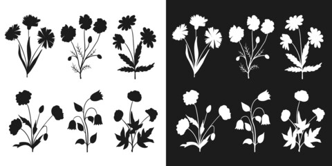 Set of wild flowers isolated silhouette. Hand drawn floral sketch, black stamp, minimalist style. Vector herb elements for organic products package, stencil, herbarium illustration, screen printing.