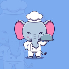 Cute elephant chef holding restaurant cloche