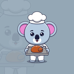 Cute koala chef holding a tray of roast chicken