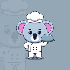 Cute koala chef holding restaurant cloche