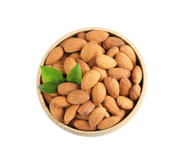 Bowl with organic almond nuts and green leaves on white background, top view. Healthy snack