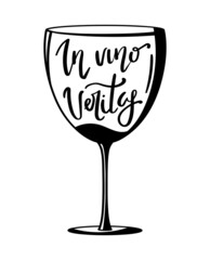 Lettering hand drawn quote In vino veritas, in glass, isolated on white background