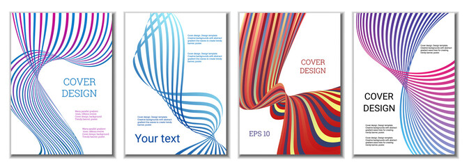 A set of 4 abstract covers. Wavy parallel gradient lines, ribbons evolve. Cover design, background. Trendy banner, poster.