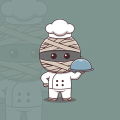 Cute mummy chef holding restaurant cloche