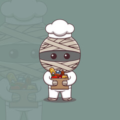 Cute mummy chef holding cardboard box full food