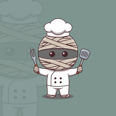 Cute mummy chef holding spatula and barbecue fork