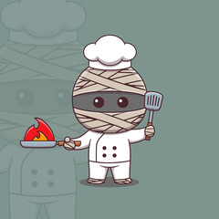 Cute mummy chef holding spatula and Burning Frying Pan