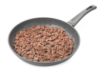Pan with fried minced meat isolated on white