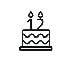 Birthday cake lined icon with candle  number 12. Vector.