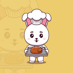Cute rabbit chef holding a tray of roast chicken